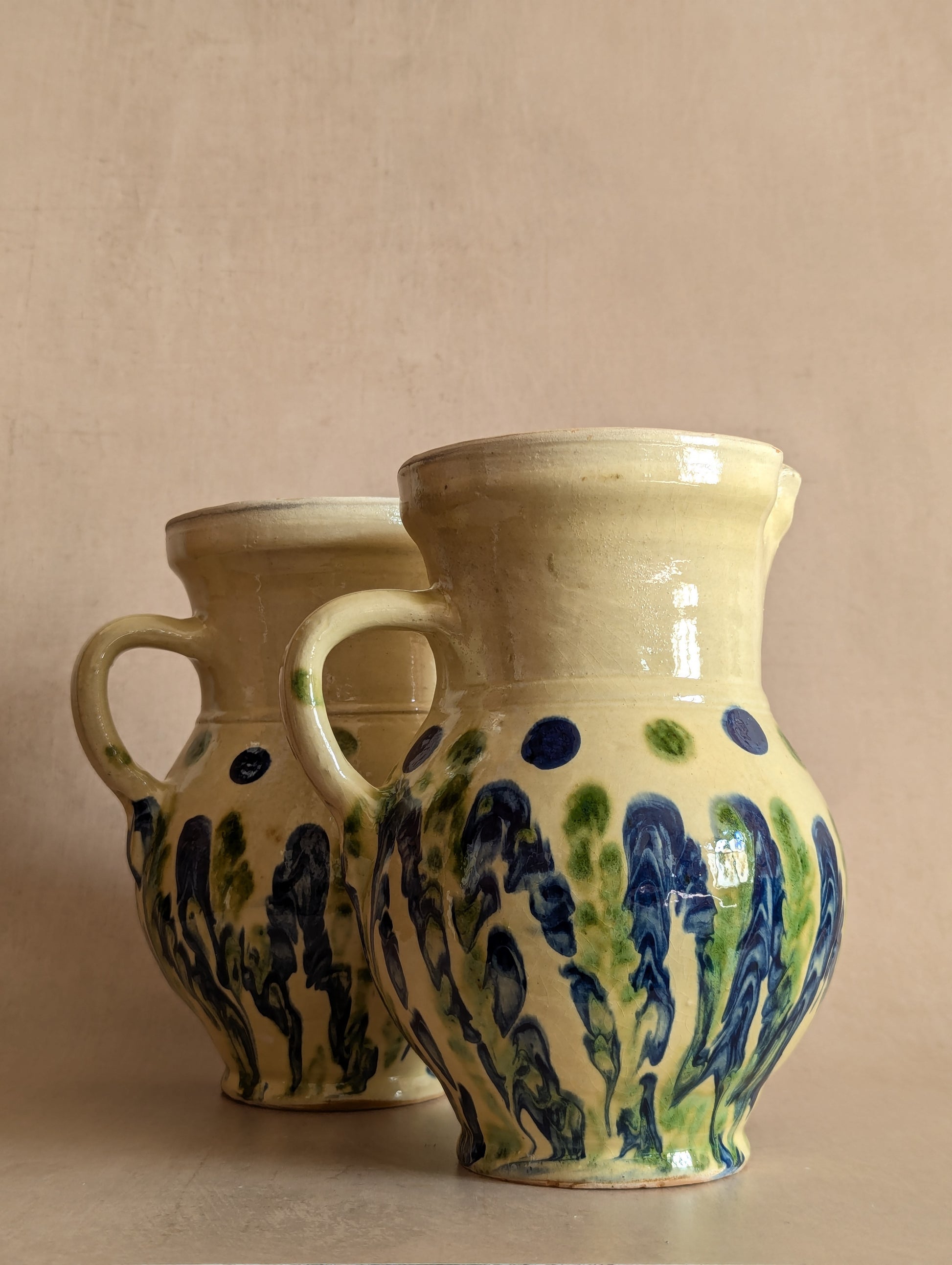 Vintage Handmade Earthenware Drizzle Jugs, Set of Two