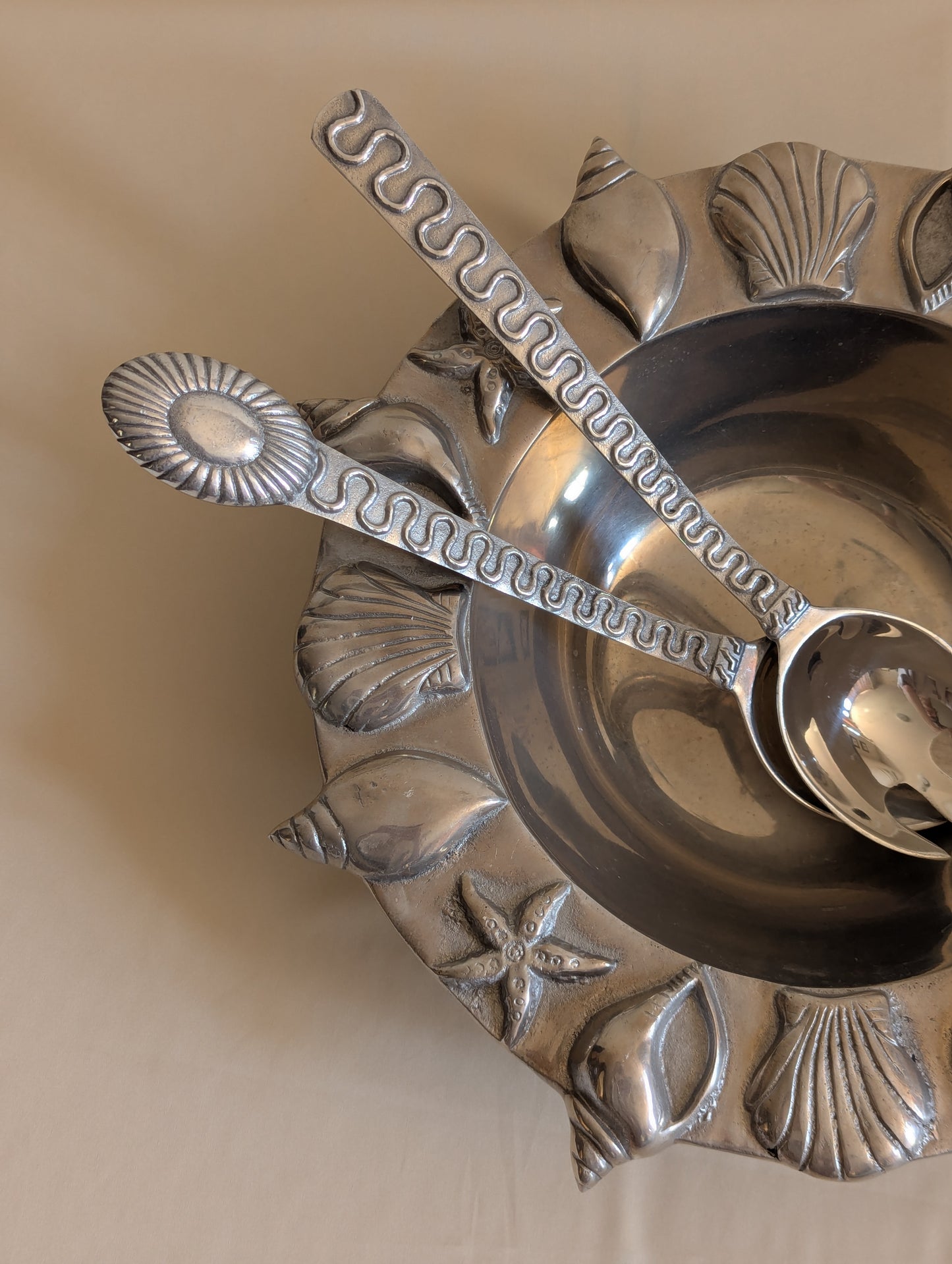 Vintage Mexican Nautical Aluminum Salad Bowl w/Utensils