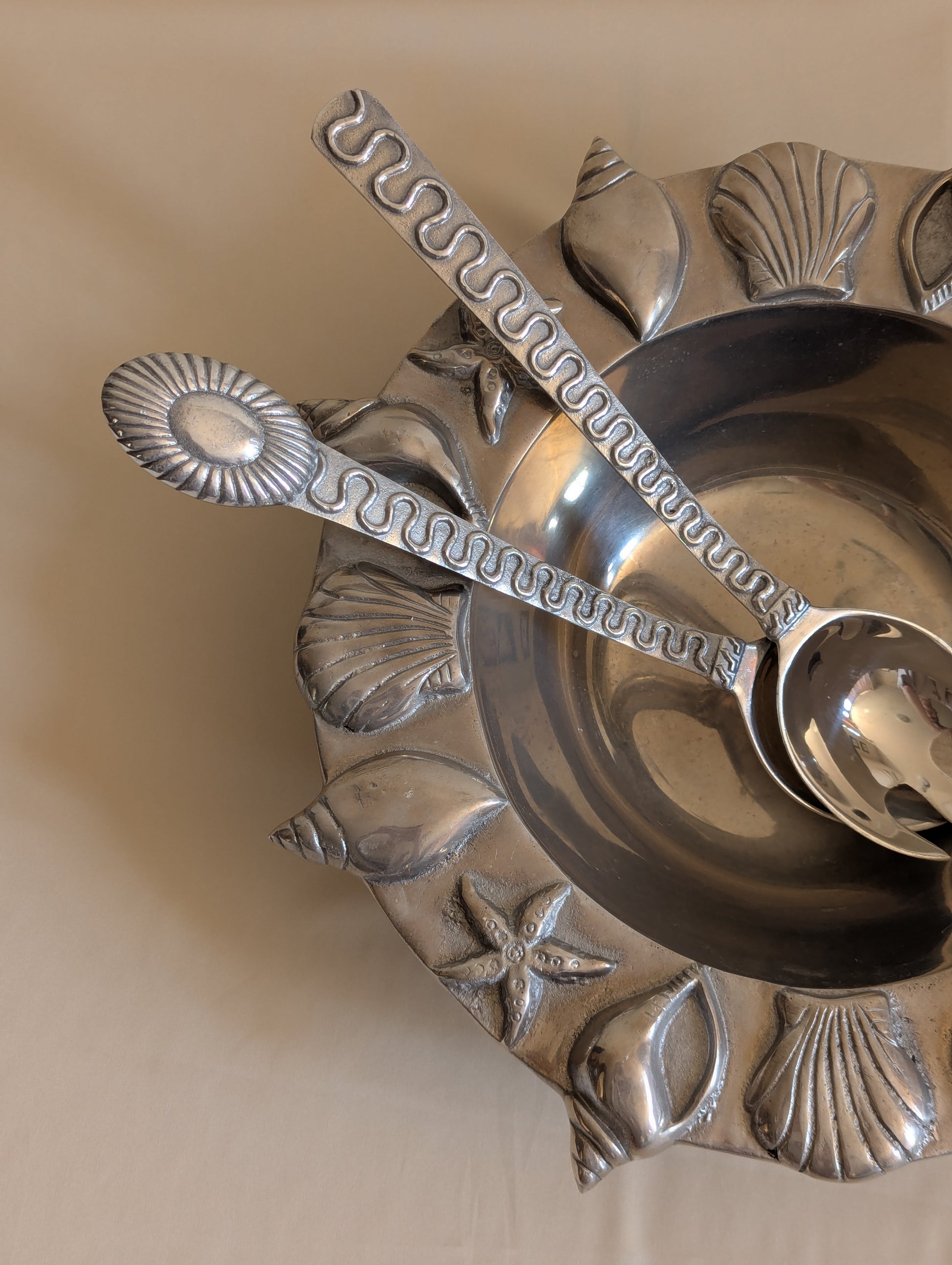 Vintage Mexican Nautical Aluminum Salad Bowl w/Utensils