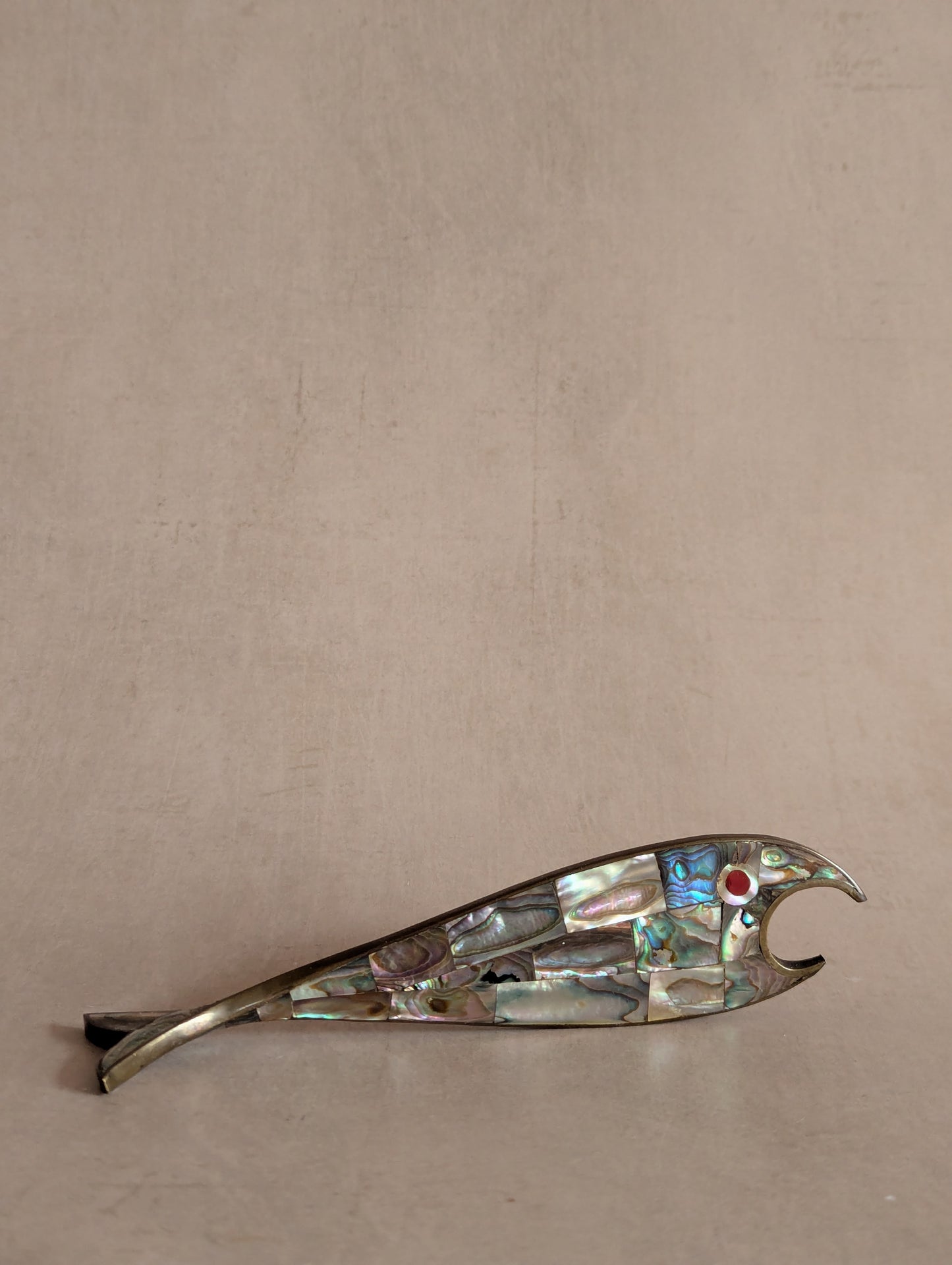 Vintage Mid-Century Mexican Brass Abalone Fish-Shaped Bottle Opener