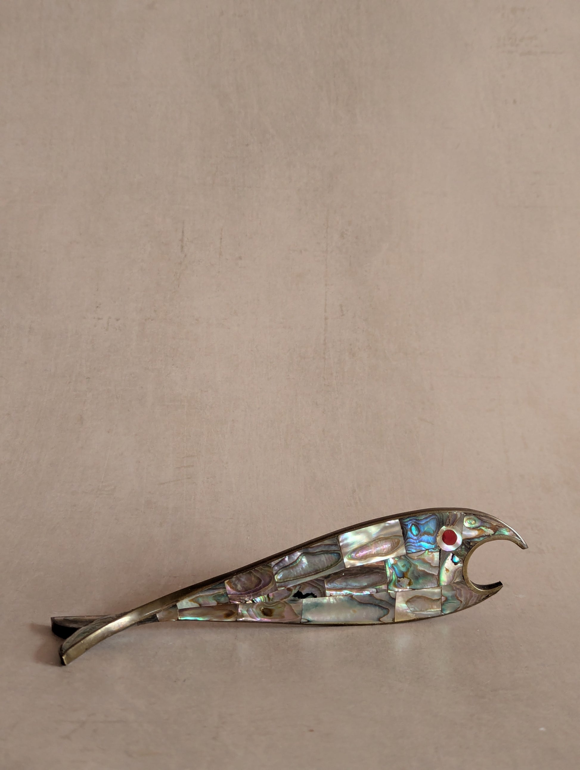 Vintage Mid-Century Mexican Brass Abalone Fish-Shaped Bottle Opener
