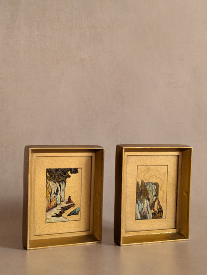 Vintage Miniature Golden Paintings by Roger John Chattaway - Set of Two