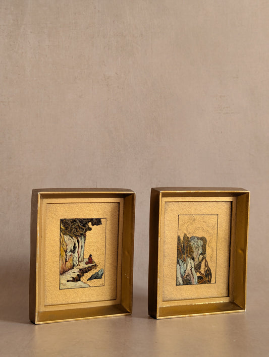 Vintage Miniature Golden Paintings by Roger John Chattaway - Set of Two
