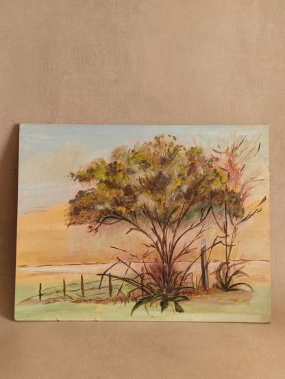 Vintage Naive Sunrise Tree Painting, Oil on Board c. 1970s