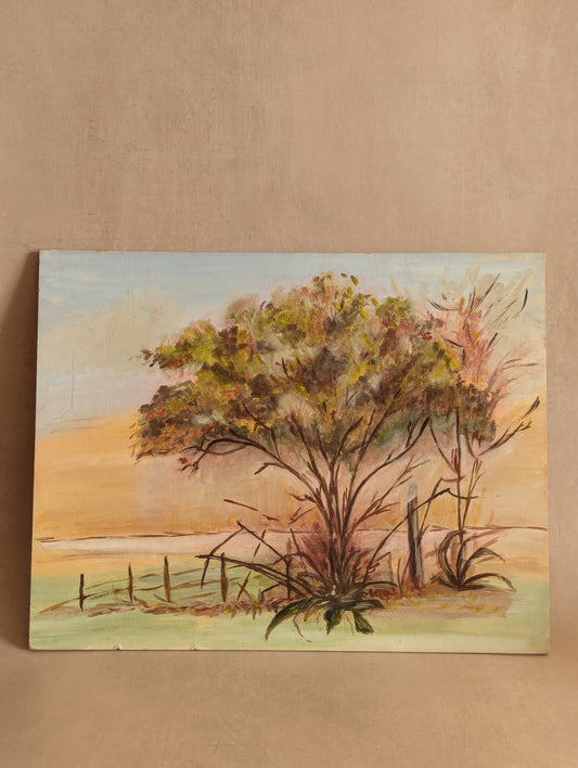 Vintage Naive Sunrise Tree Painting, Oil on Board c. 1970s