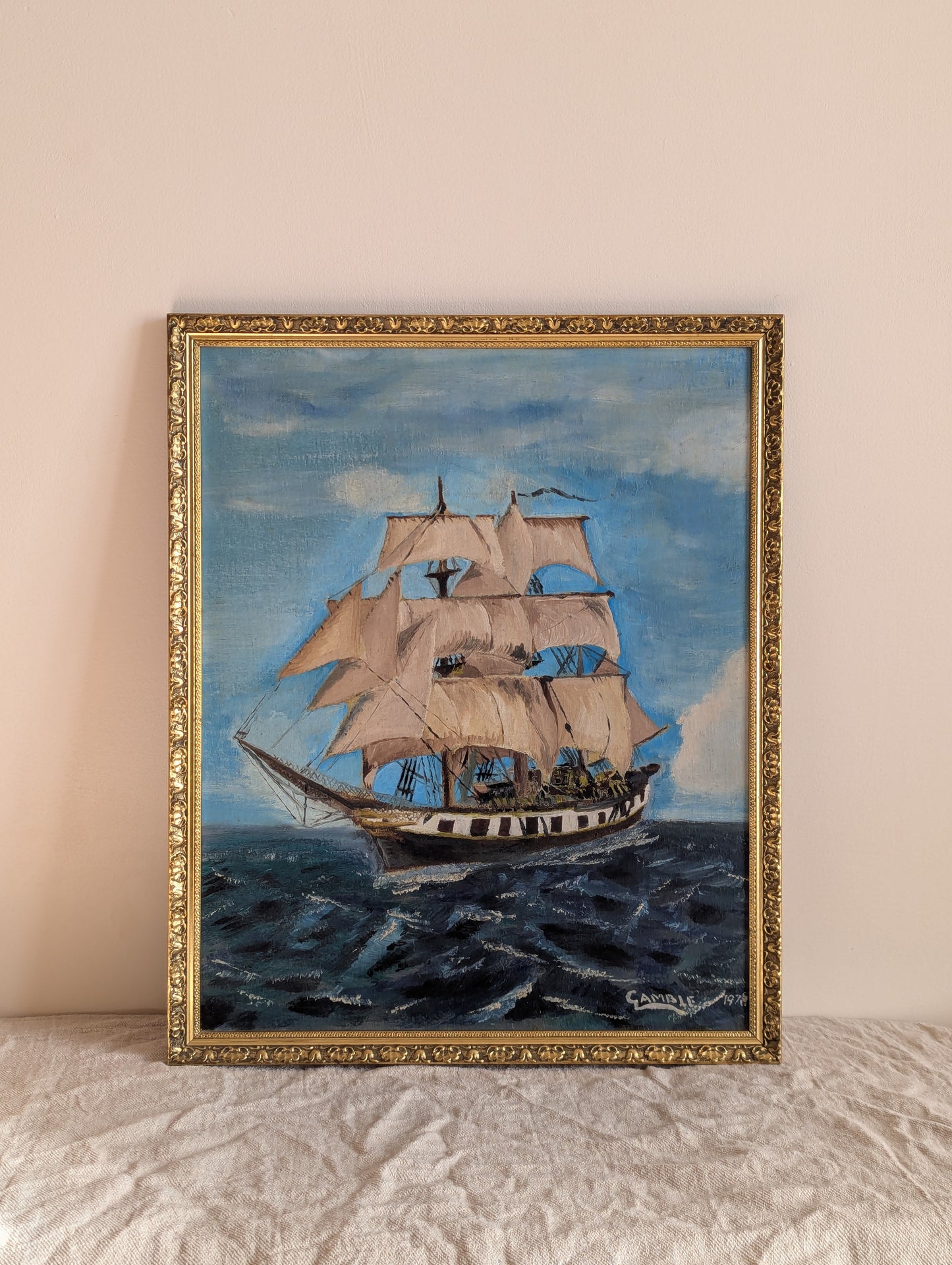 Vintage Nautical Gamble's Clipper Ship Framed Original Oil Painting