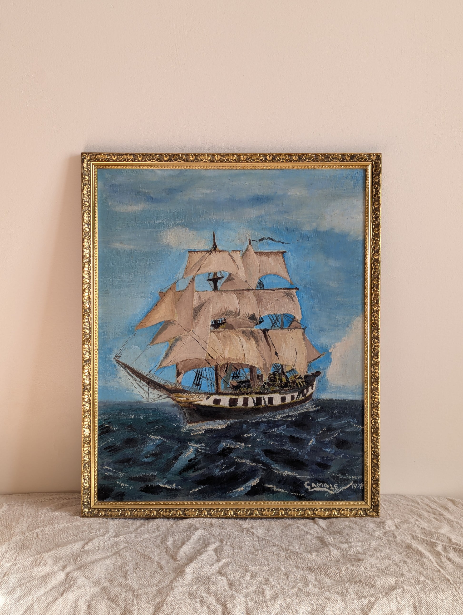 Vintage Nautical Gamble's Clipper Ship Framed Original Oil Painting