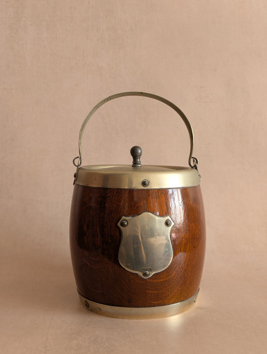 Vintage Oak & Silver English Biscuit Barrel or Tobacco Jar