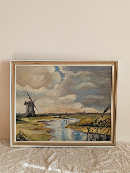 Vintage Overcast Windmill Landscape, Frame Original Oil Painting