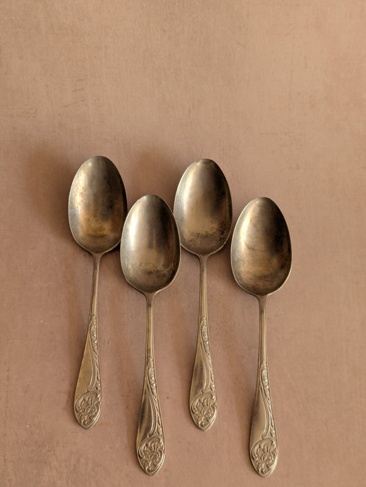 Vintage Potter Sheffield Floral Nickel Spoons, Set of Four