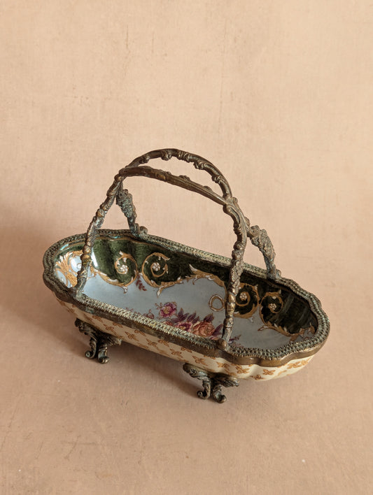 Vintage Revival Ceramic & Bronze Floral Oblong Handled Basket