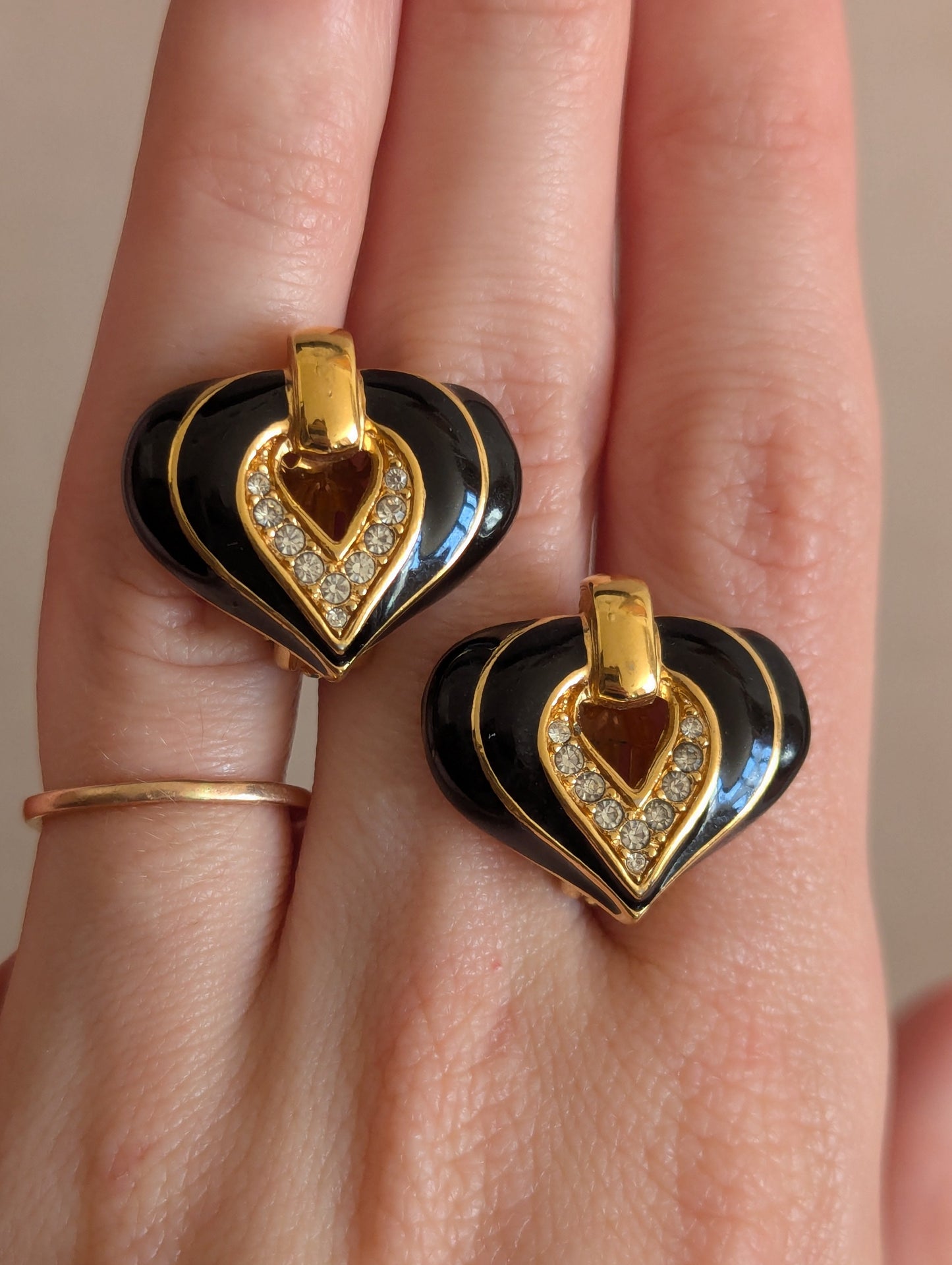 Vintage SAL Swarovski Black and Gold Clip On Earrings