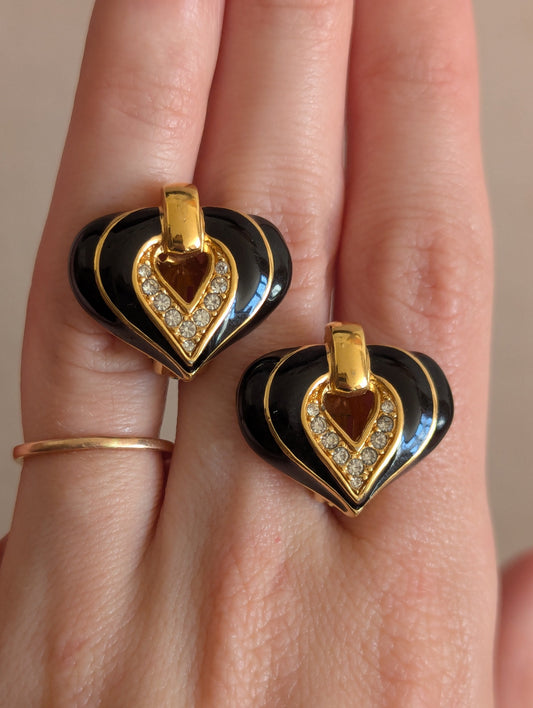 Vintage SAL Swarovski Black and Gold Clip On Earrings