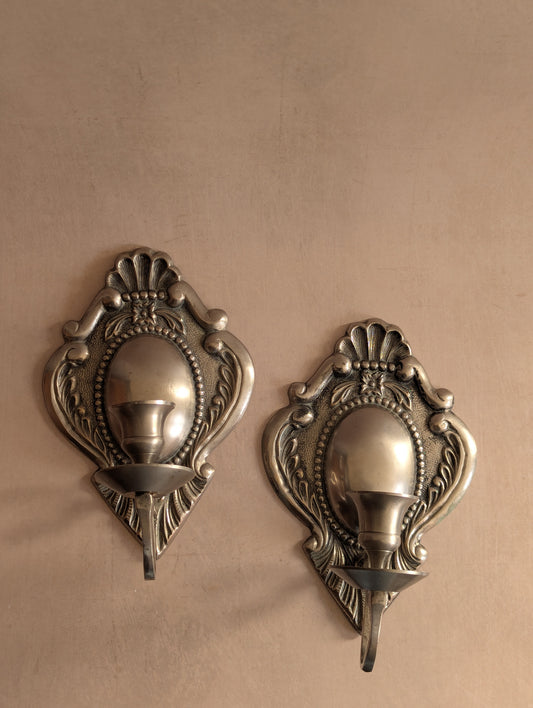 Vintage Silver Plated Brass Wall Sconce Candle Holders, Set of Two