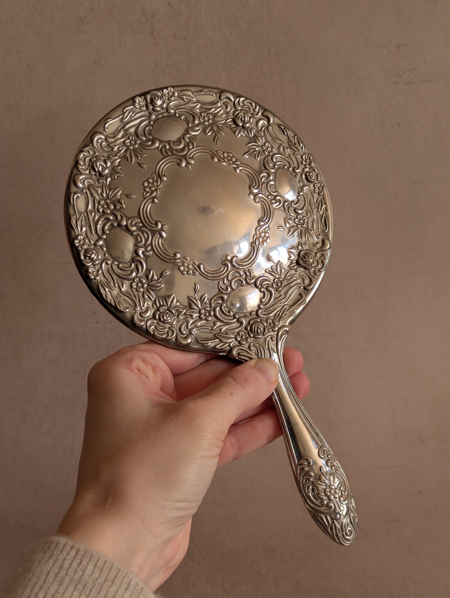 Vintage Silver Tone Floral Handheld Vanity Mirror
