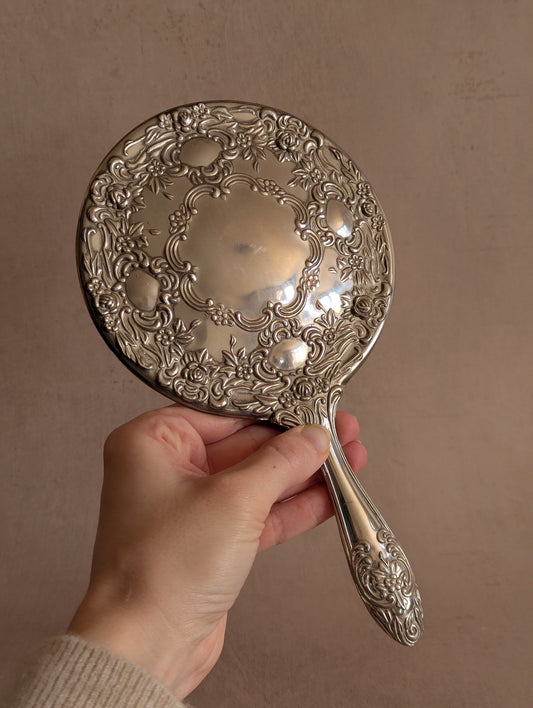 Vintage Silver Tone Floral Handheld Vanity Mirror