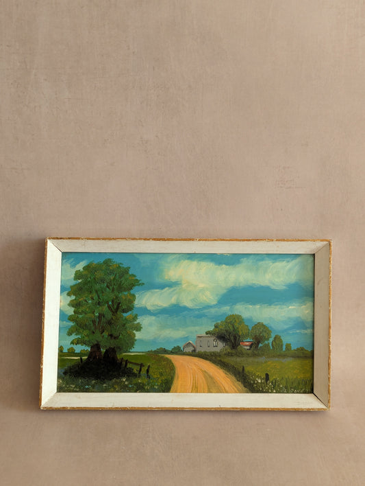 Vintage Small Country Road Framed Landscape Oil Painting, Signed & Dated