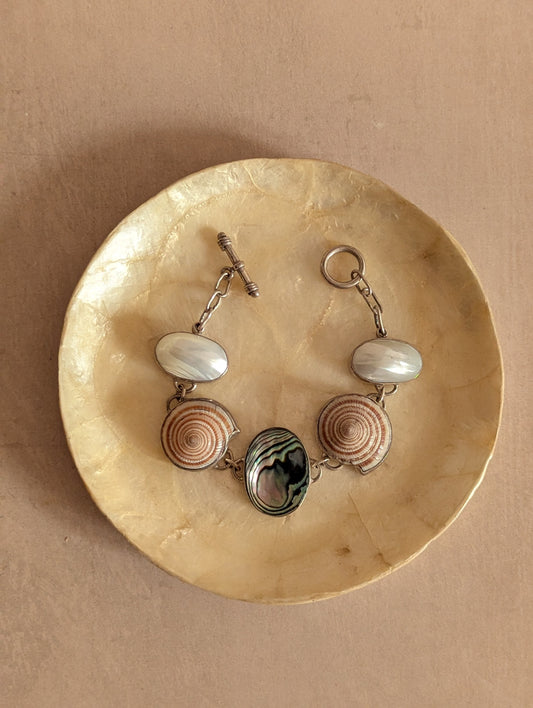 Vintage Sterling Silver Coastal Beachy Seashell Abalone Toggle Bracelet