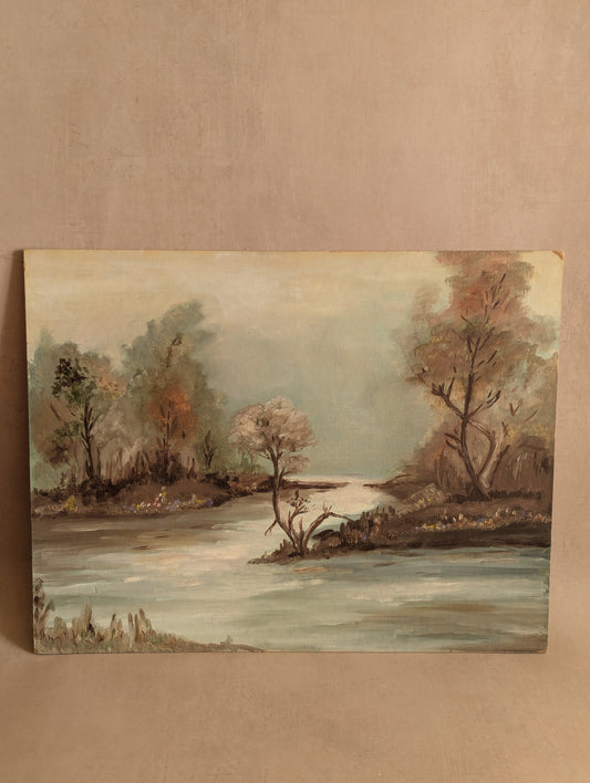 Vintage Winter Trees on River, Original Oil Painting on Board