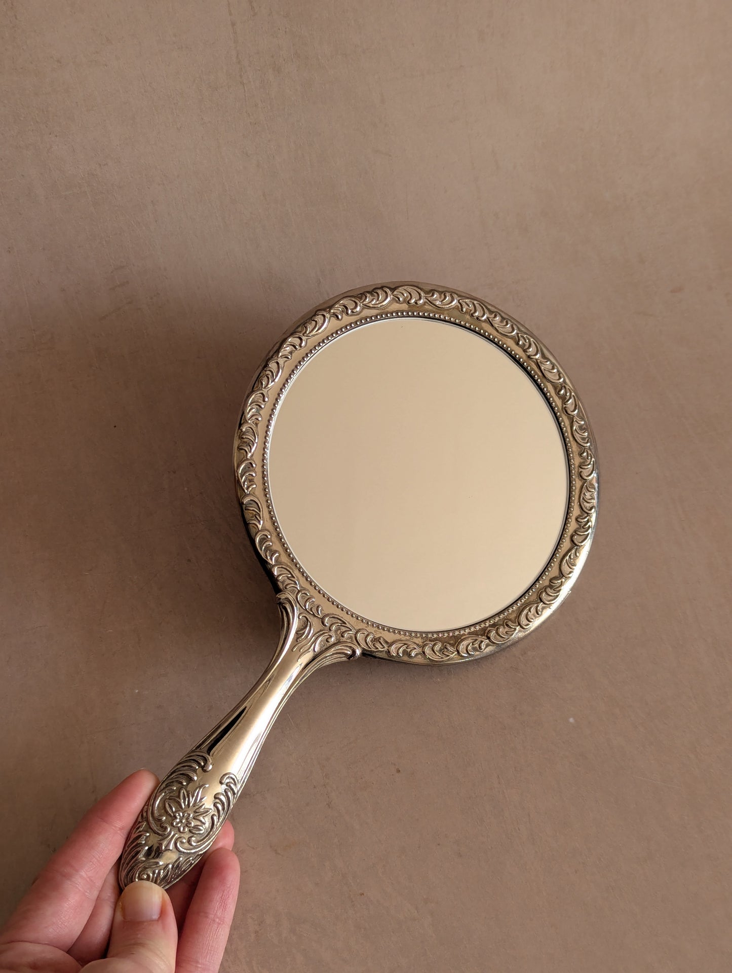 Silver Tone Floral Handheld Vanity Mirror