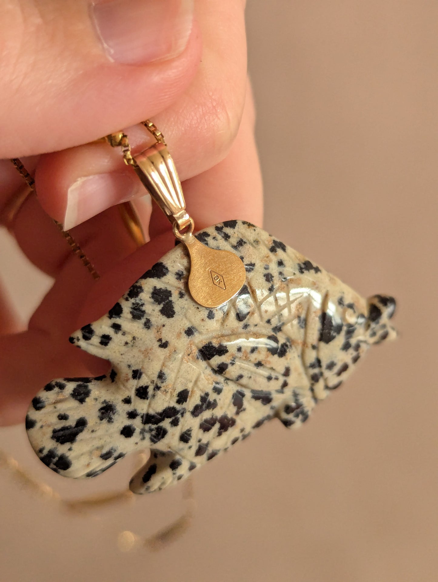 Dalmatian Jasper Carved Fish Gold Pendant Necklace