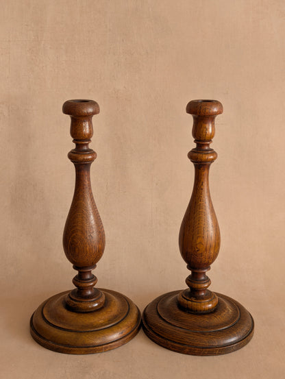 English Oak Hand-Turned Candlestick Holders, Set of Two