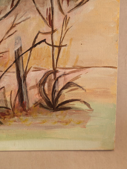 Naive Sunrise Tree Painting, Oil on Board c. 1970s