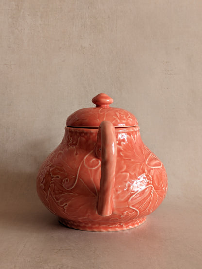 Portuguese Bordallo Pinheiro Rare Coral Majolica Teapot, Vintage c. 1970s