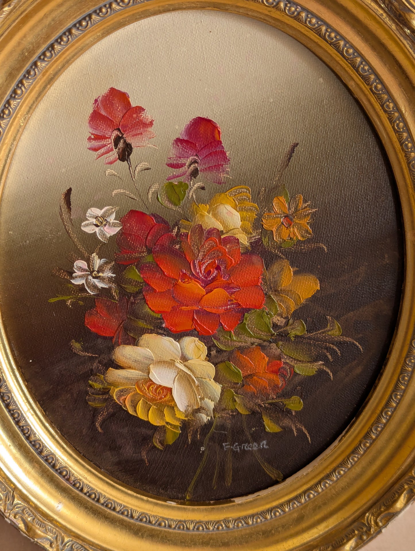 Oval Floral Oil Painting, Signed E. Green