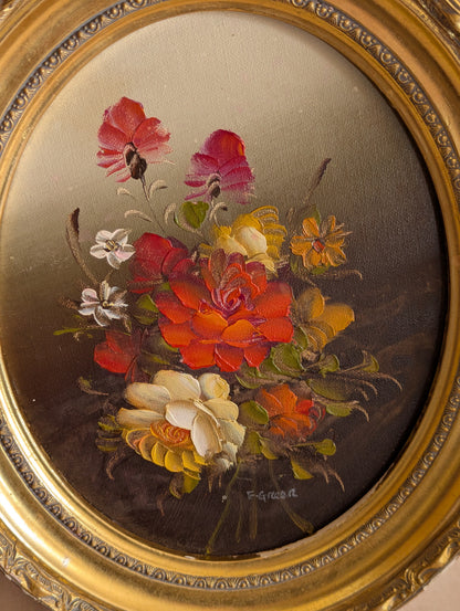 Oval Floral Oil Painting, Signed E. Green