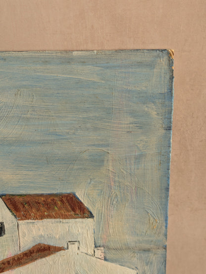 Mediterranean Coastal Scene Oil on Board Vintage Painting