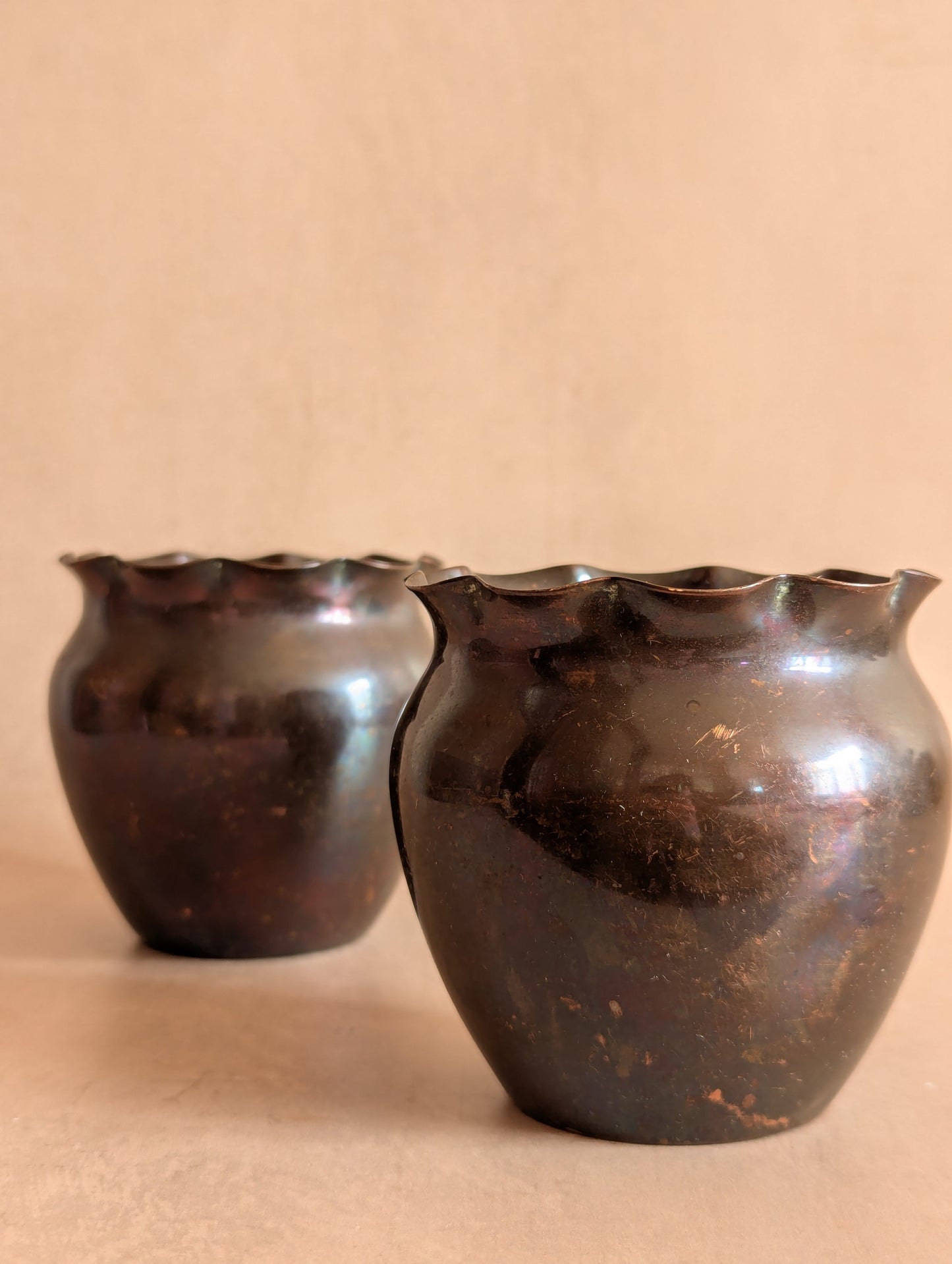 Small Scalloped Copper Vases, Set of Two