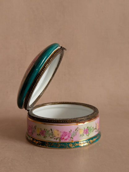 Hand-Painted Teal & Pink Round Ceramic Trinket Box