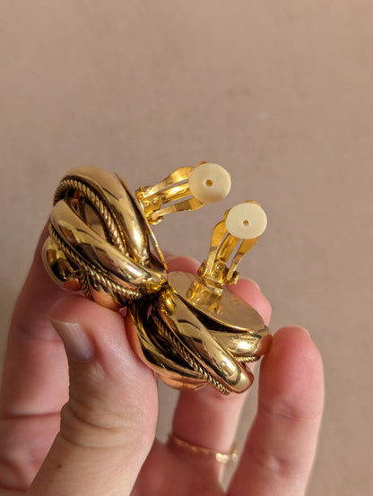 Large Knotted Gold Tone Clip On Earrings