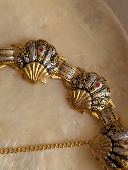 Spanish Damascene Mid-Century Seashell Link Bracelet