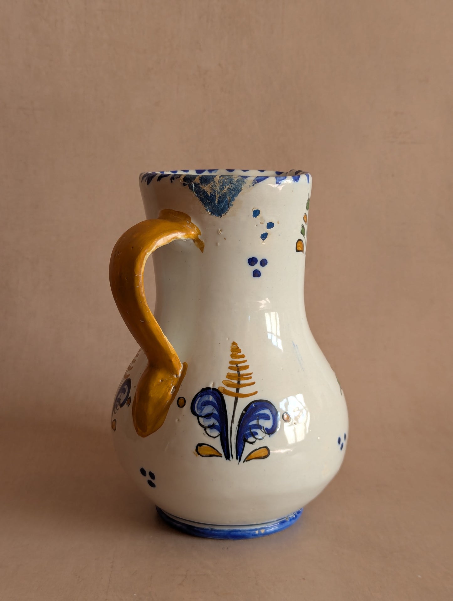 Blue & Yellow Rustic Hand-Painted Floral Jug