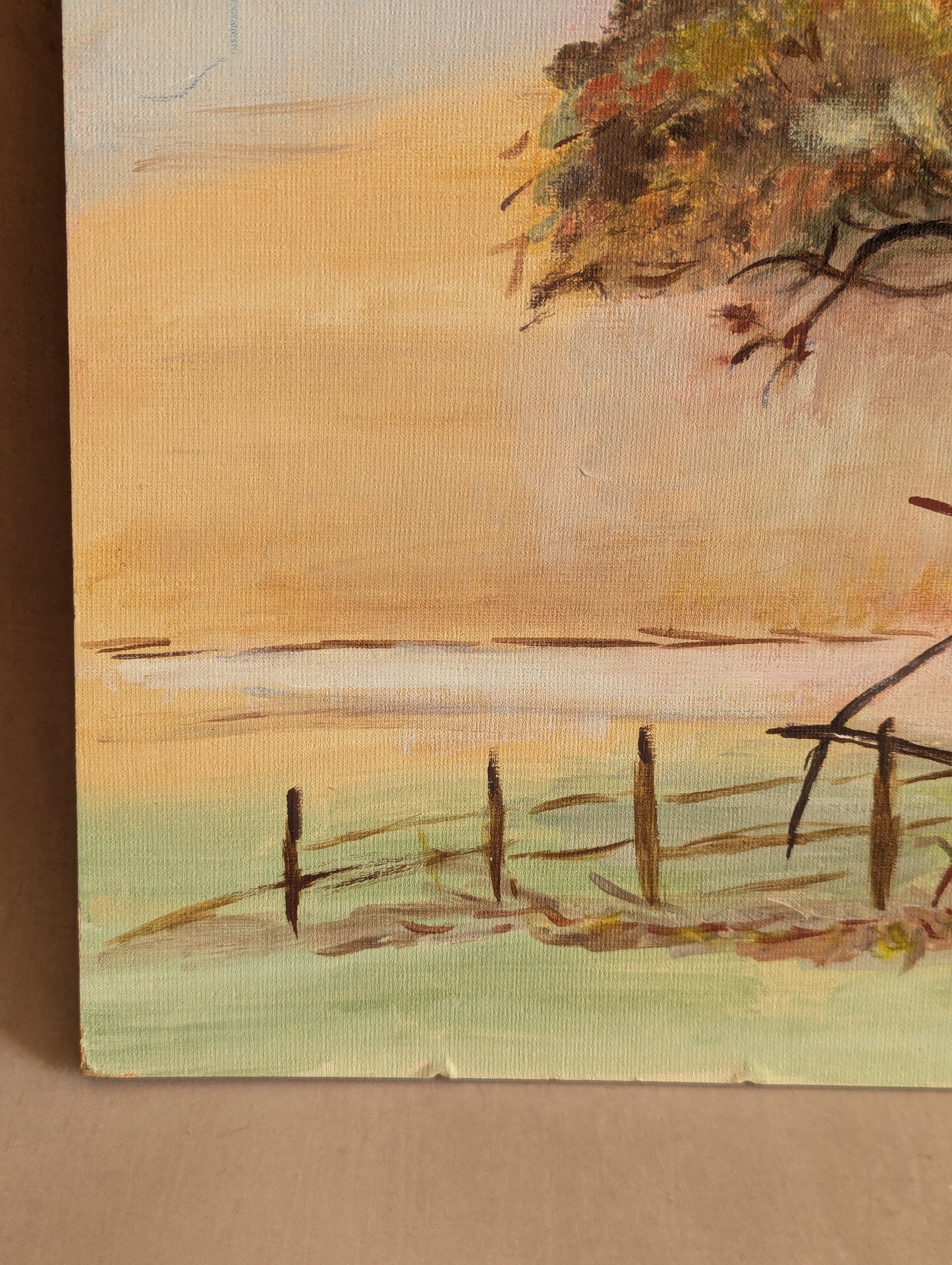 Naive Sunrise Tree Painting, Oil on Board c. 1970s