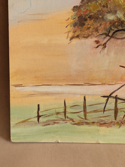 Naive Sunrise Tree Painting, Oil on Board c. 1970s