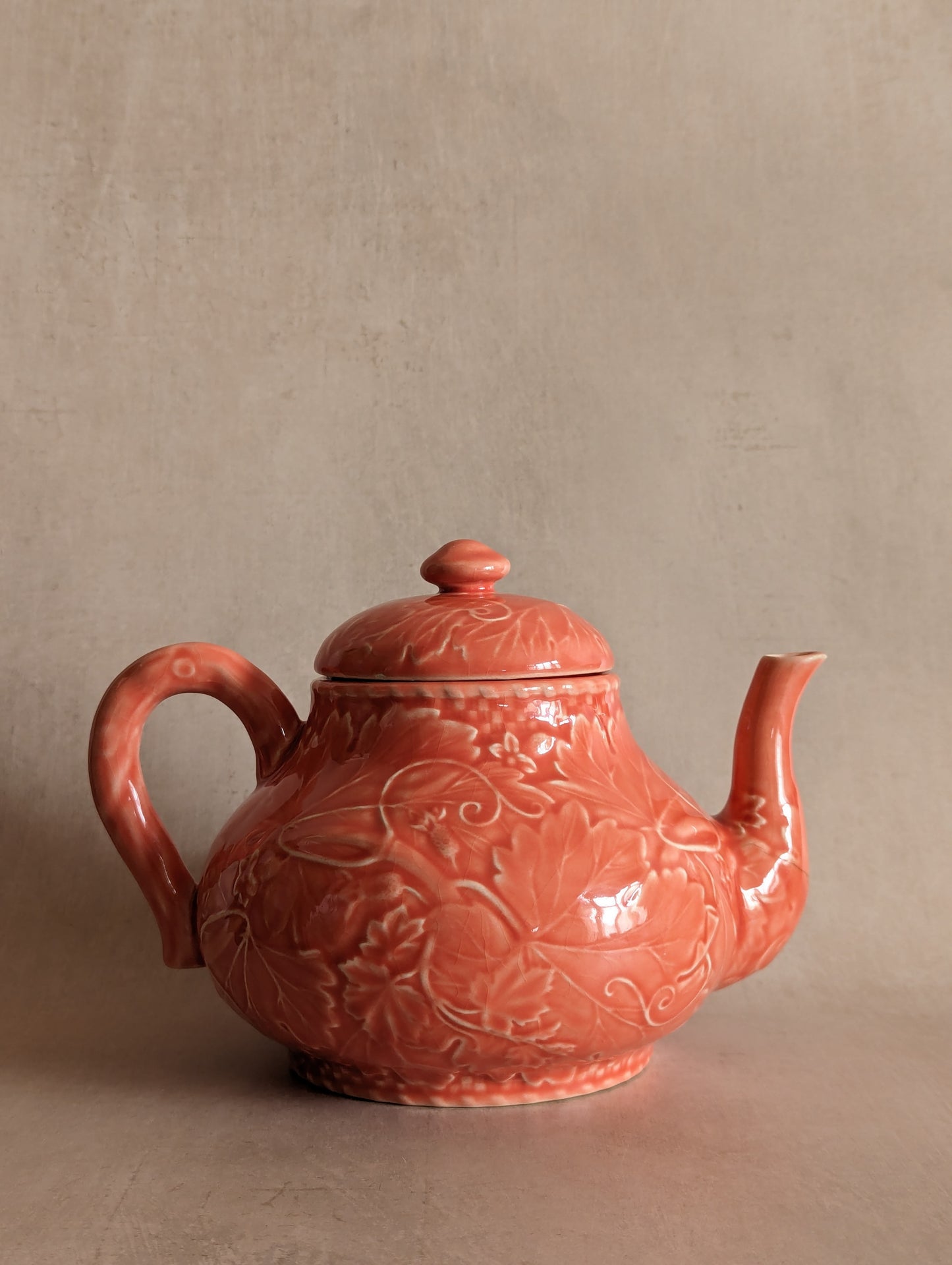 Portuguese Bordallo Pinheiro Rare Coral Majolica Teapot, Vintage c. 1970s