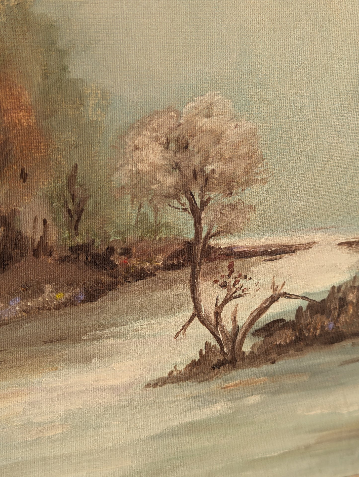 Winter Trees on River, Original Oil Painting on Board