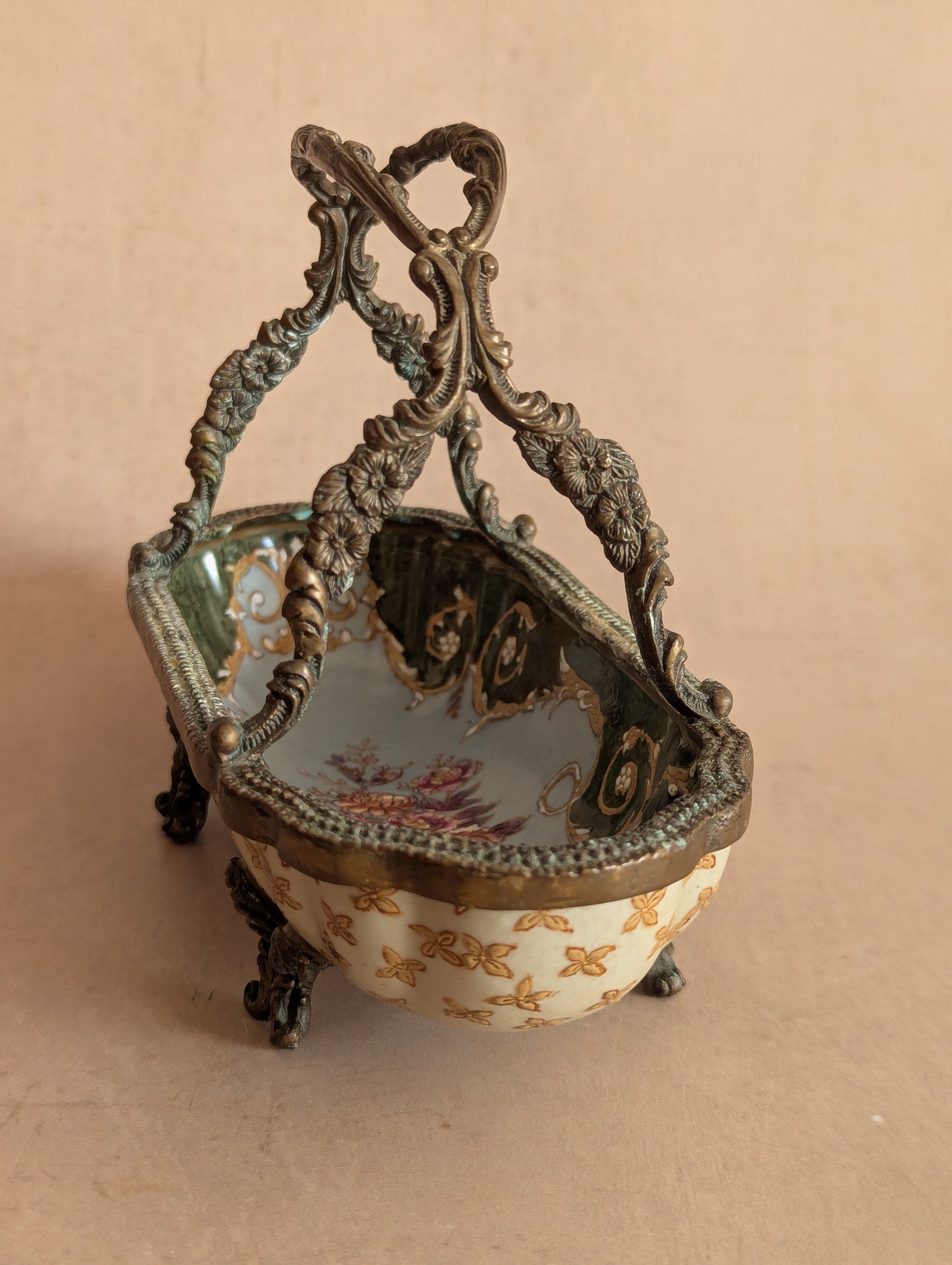 Ceramic & Bronze Floral Oblong Handled Basket