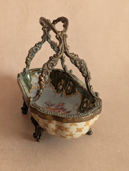 Ceramic & Bronze Floral Oblong Handled Basket