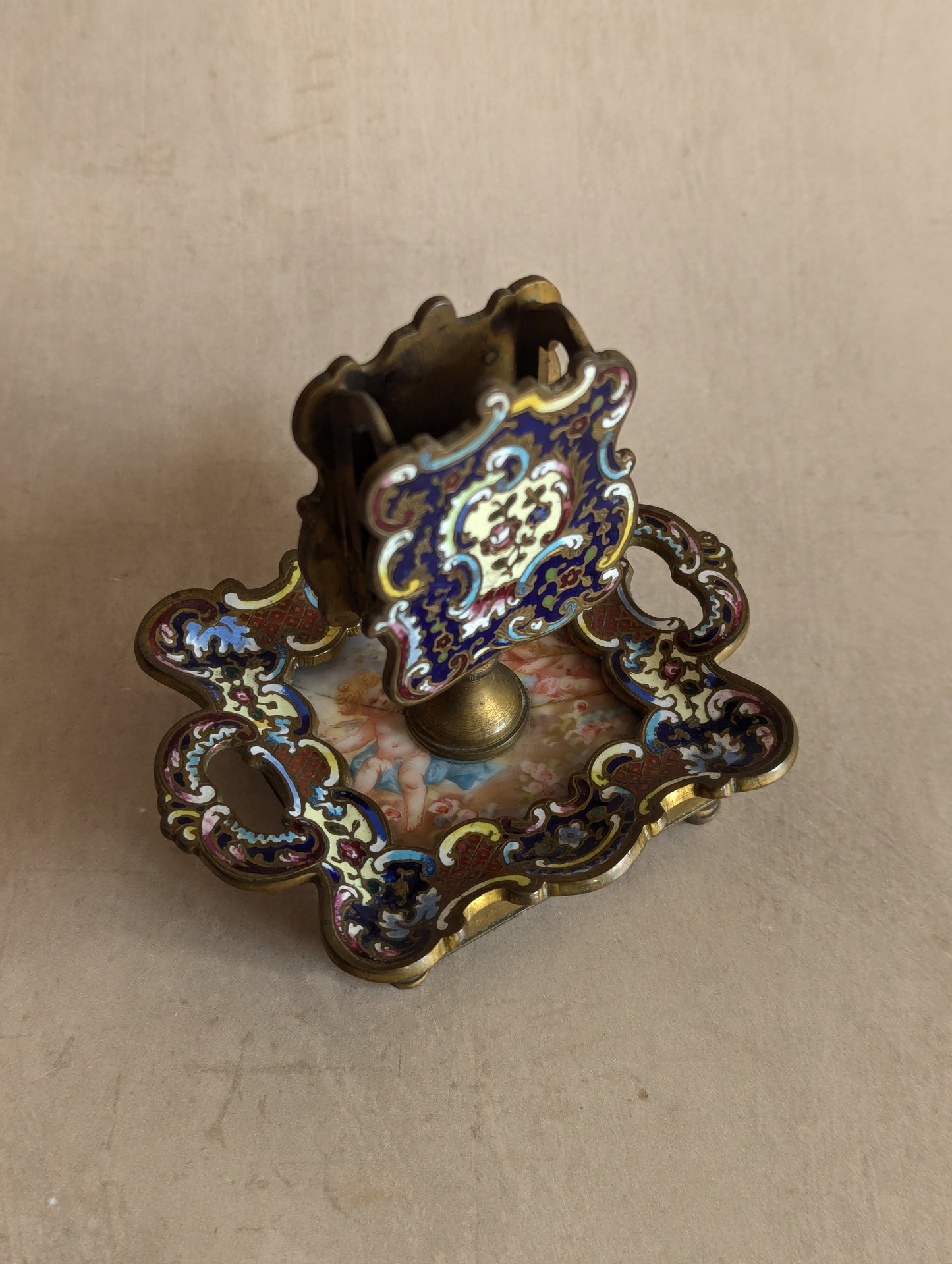 French Cloisonne Champleve Cherub Match Holder