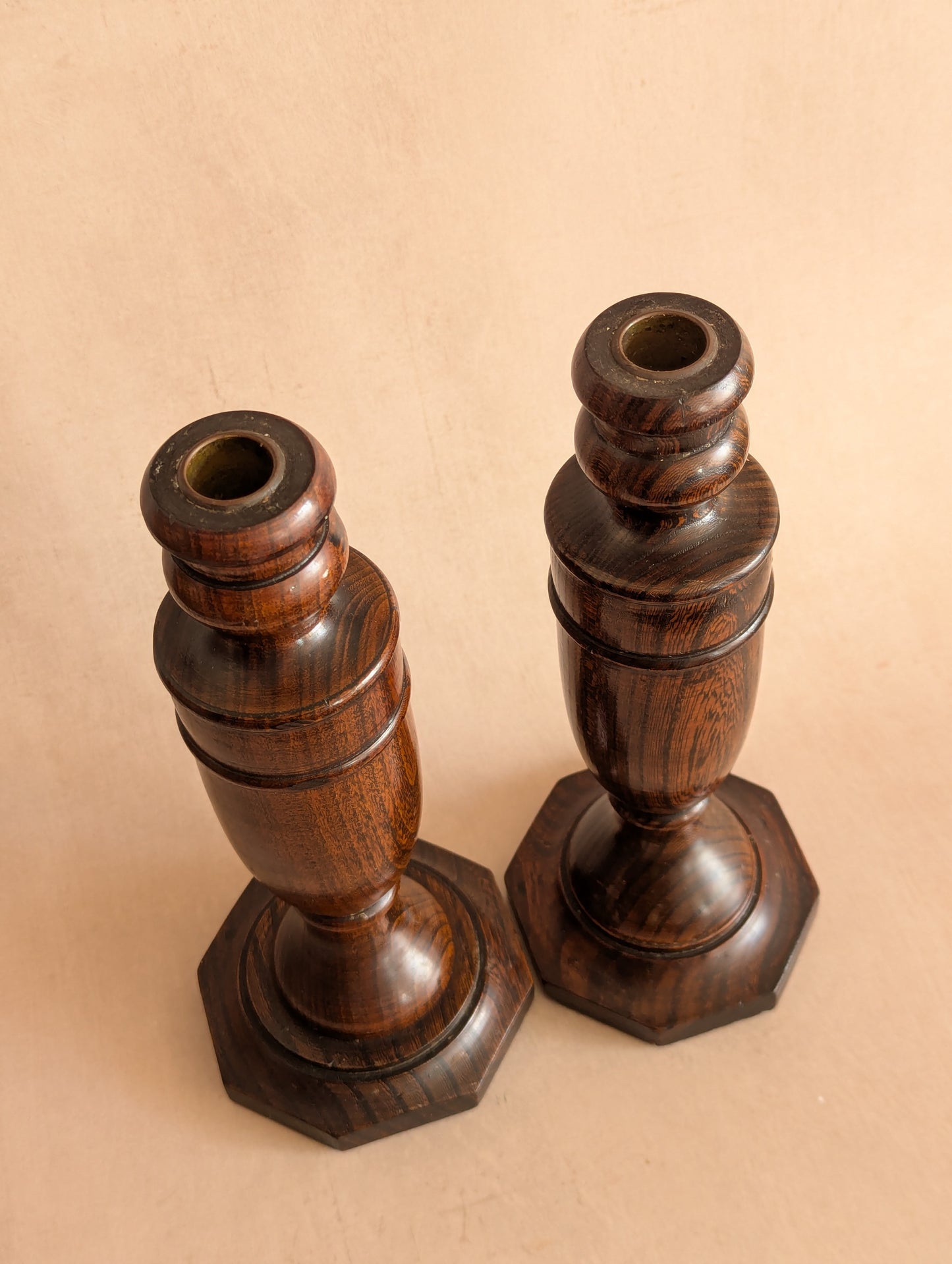 Victorian Oak English Candlestick Holders, Set of Two
