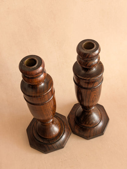 Victorian Oak English Candlestick Holders, Set of Two