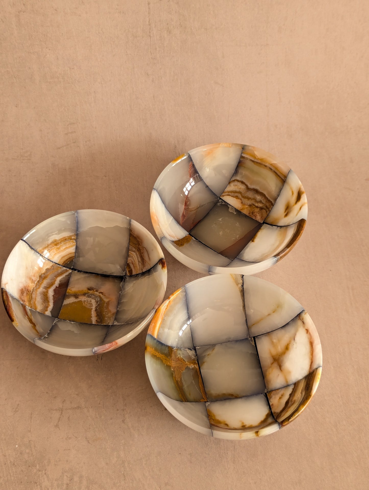 Pink & Blue Small Onyx Checkerboard Bowls, Set of Three