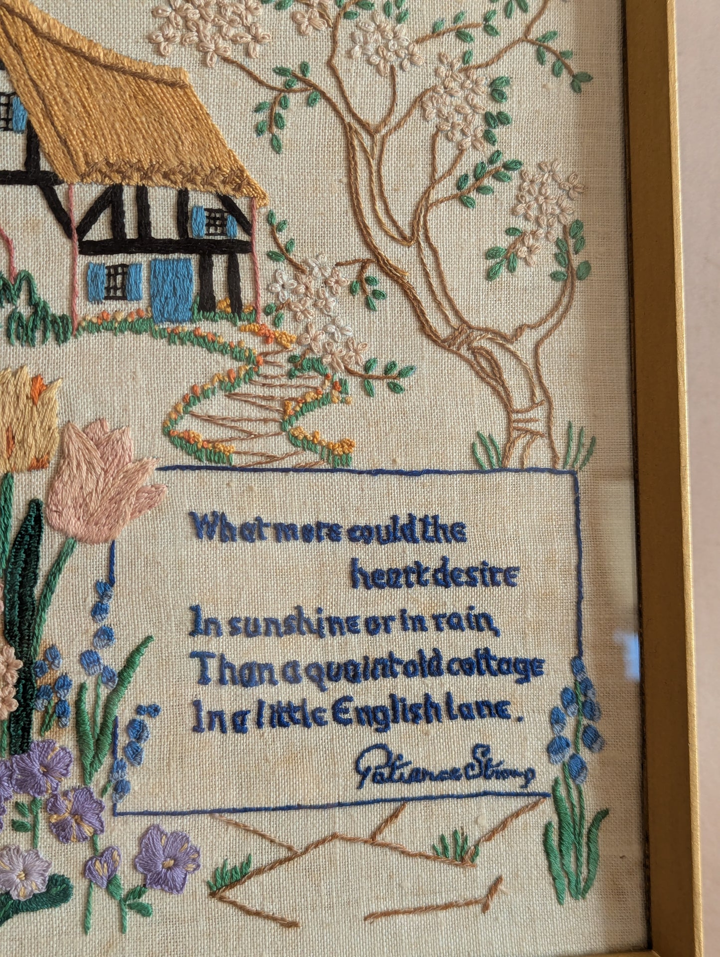 English Cottage Embroidered Poem by Patience Strong, Framed