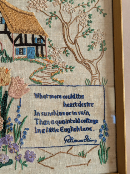 English Cottage Embroidered Poem by Patience Strong, Framed