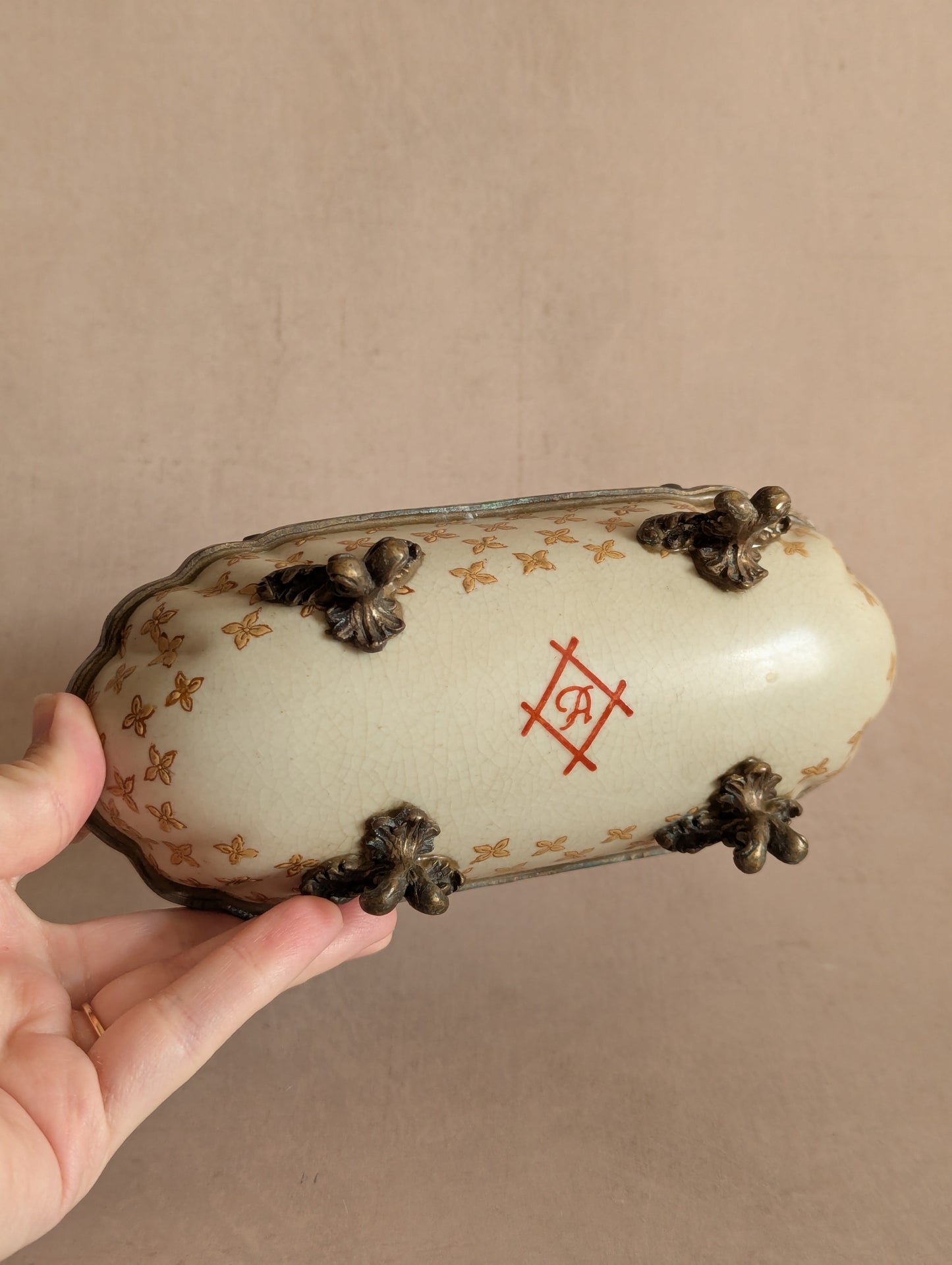 Ceramic & Bronze Floral Oblong Handled Basket