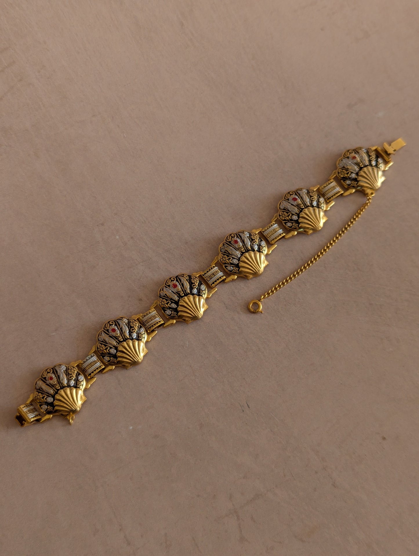 Spanish Damascene Mid-Century Seashell Link Bracelet